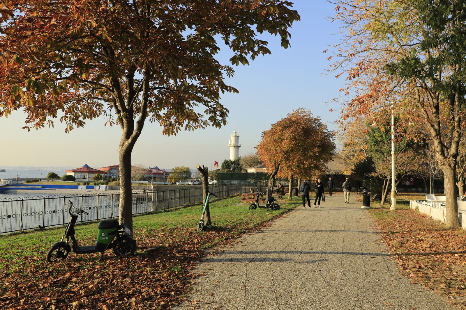 people walking a riverside trail on a warm autumn afternoon / dry fallen leaves on a forest floor in late autumn / rain clouds building over a small southern river town