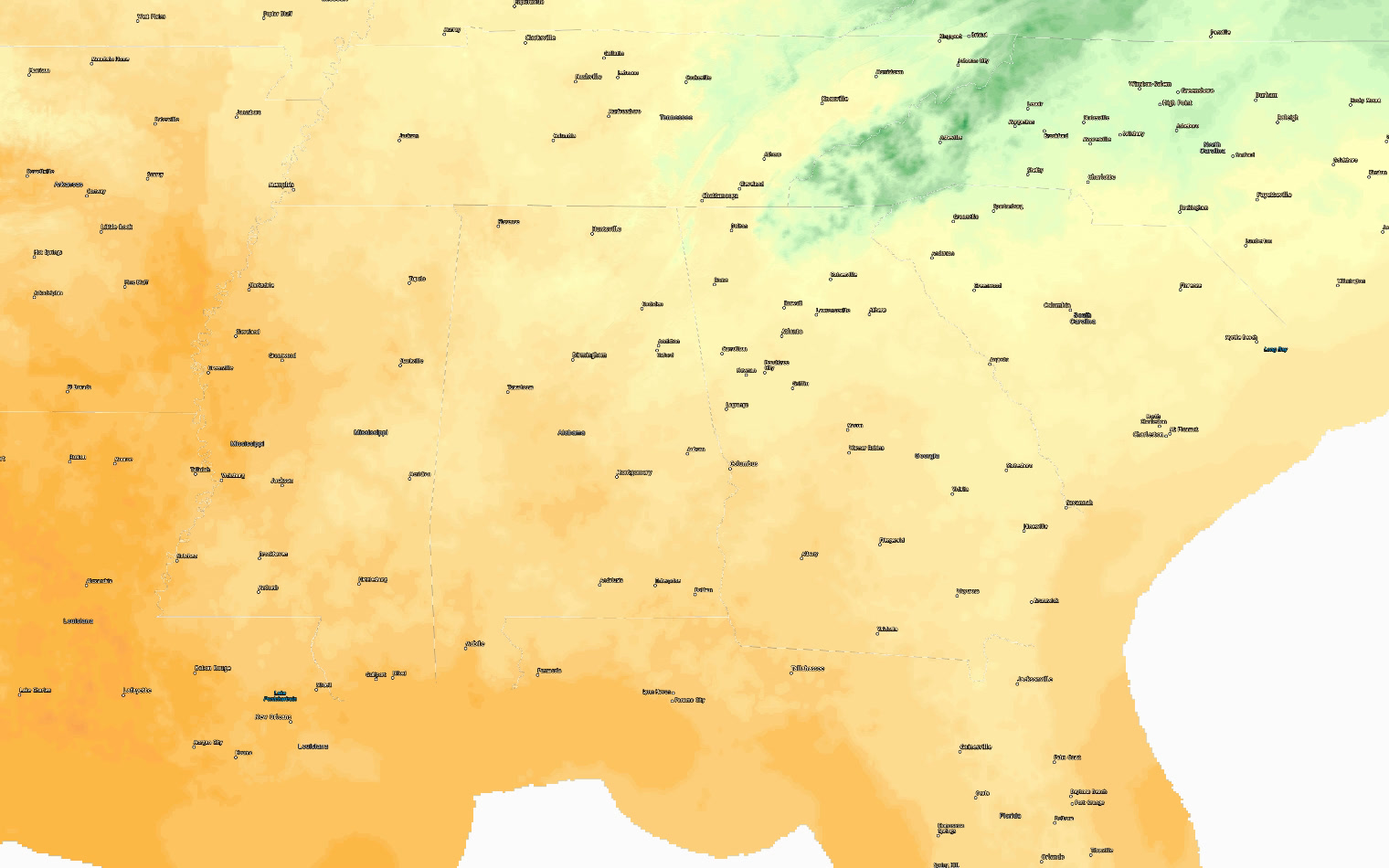Forecast air temperature across the Southeast